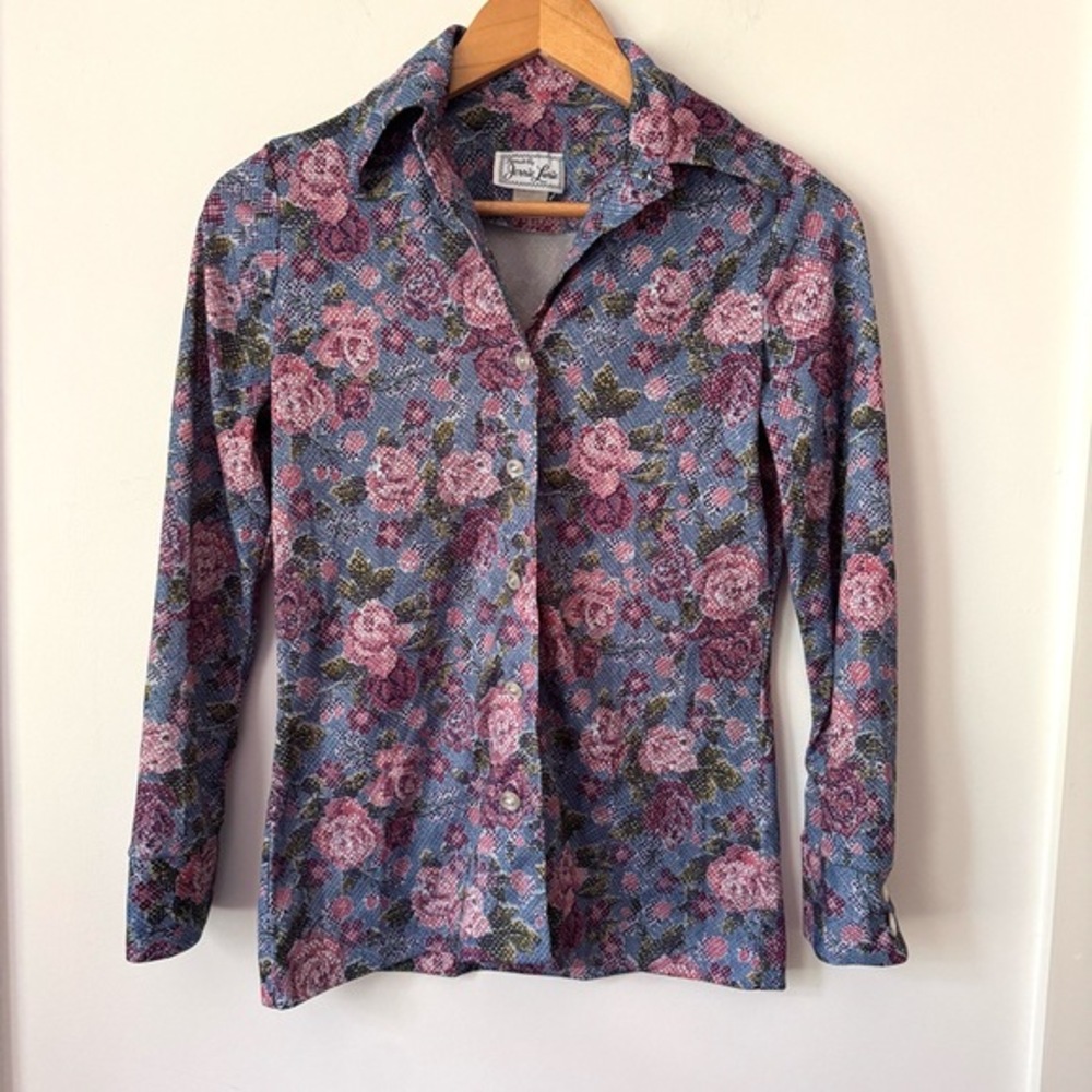 Vintage Floral Button Up Shirt Womens S 70s Cottage Romantic Boho Retro Disco